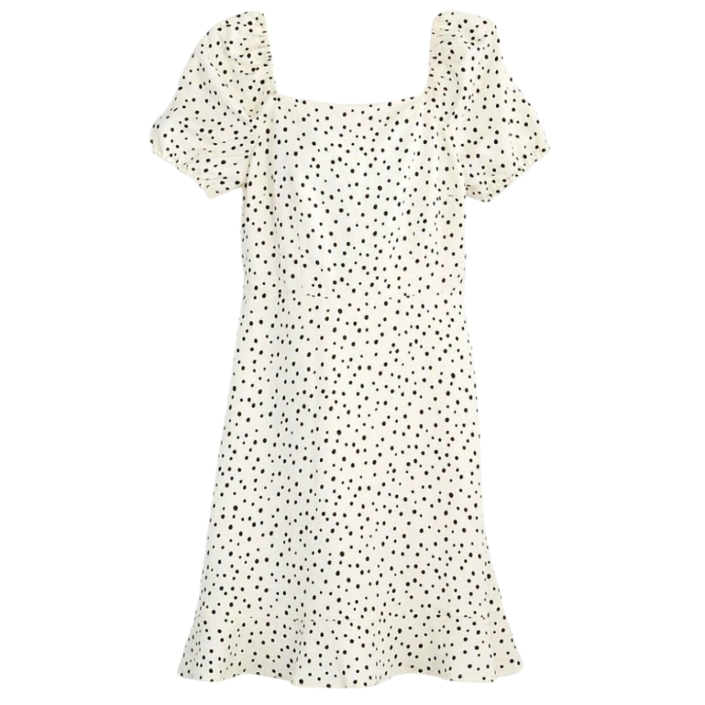 LOFT White Black Polka Dot Linen Puff Sleeve Cut-Out Tie Back Flare‎ Dress 14 - Picture 2 of 16